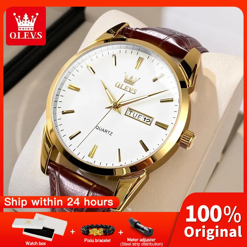 

OLEVS 6898 Mens Watch Original Fashion Quartz Wristwatch Leather Strap Waterproof Luminous Dual Calendar Watch Gifts Box Reloj
