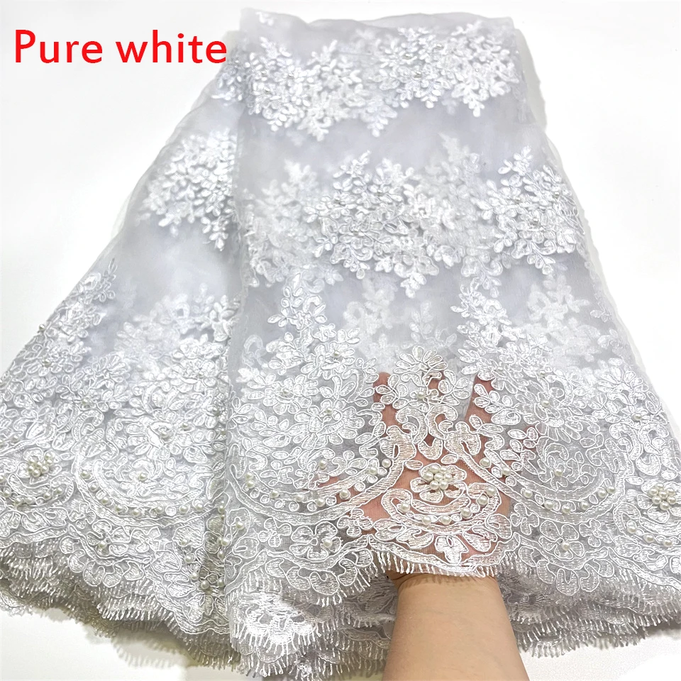 2023 Latest White Nigerian Laces Fabrics With Beads High Quality Tulle African Laces Fabric Wedding African French Tulle Lace