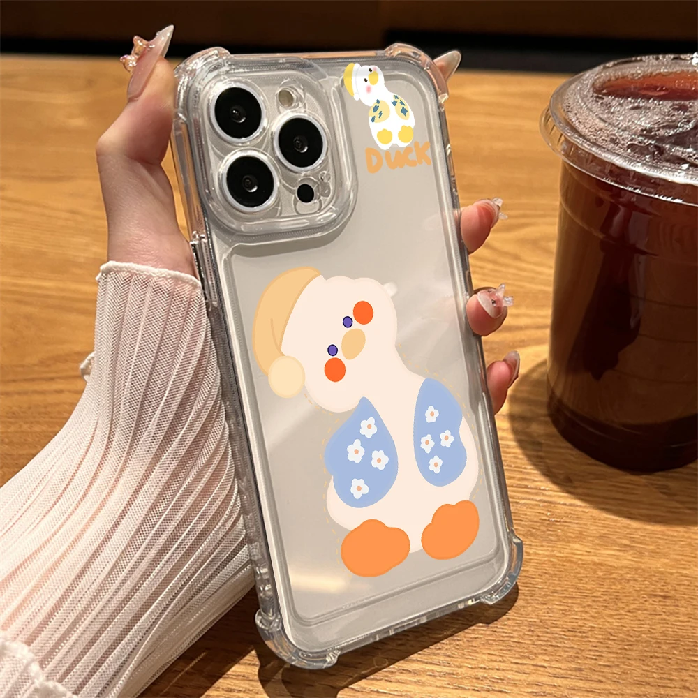 

Phone Case for IPhone 14 13 ProMax XR XS Max 7 8 Plus SE 12 11 Luxury Shockproof Hard Back Transparent Cartoon Cute Duck Cover