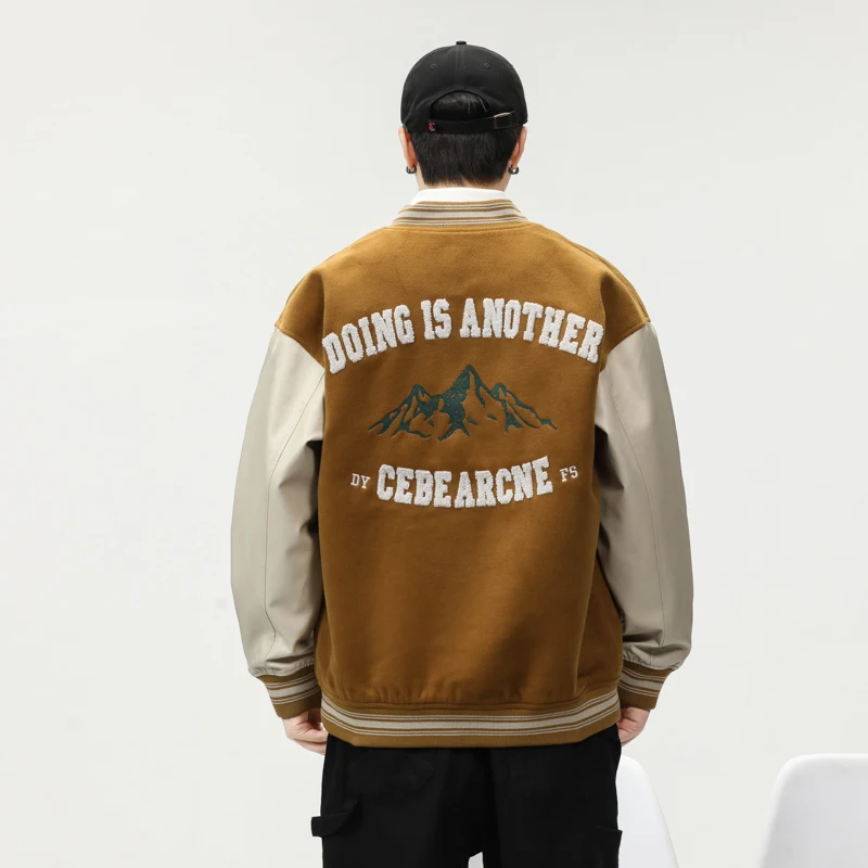 

American Sle Heavyweight Letter Embroidery Suede Baseball Jaet Loose Color Blo Pilot Coat for Men Autumn Season