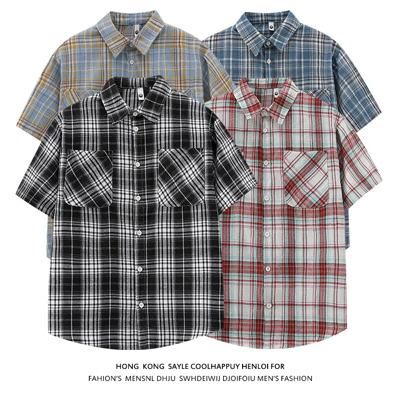 2026 Summer Men's Short Sleeve Plaid Shirt Men's Large Size Trendy Double Pocket Casual Tooling Shirt