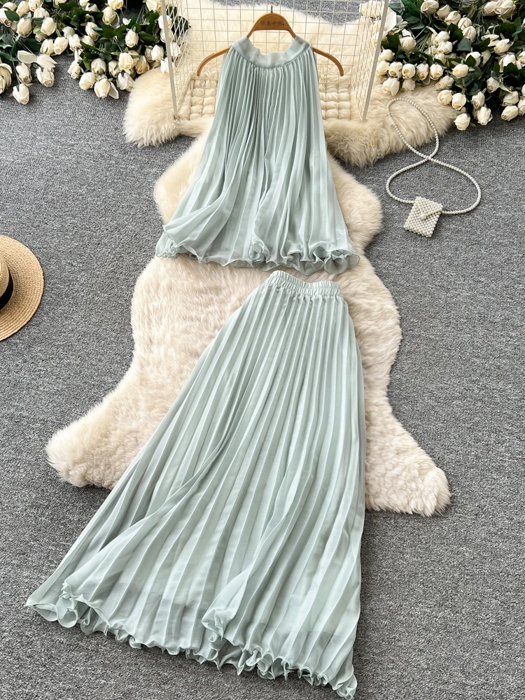 

Sweet Summer Commute Knot Two-Piece Set Women's Fashion Ensemble Green Mint Pleated Skirt And Top High Waist Slim Fit