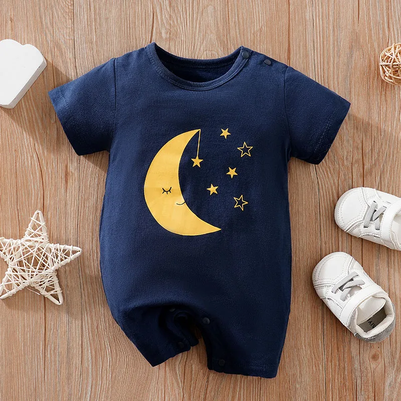 Summer Boys And Girls Cute Cartoon Moon Print Cotton Comfortable Casual Baby Short Sleeve Bodysuit