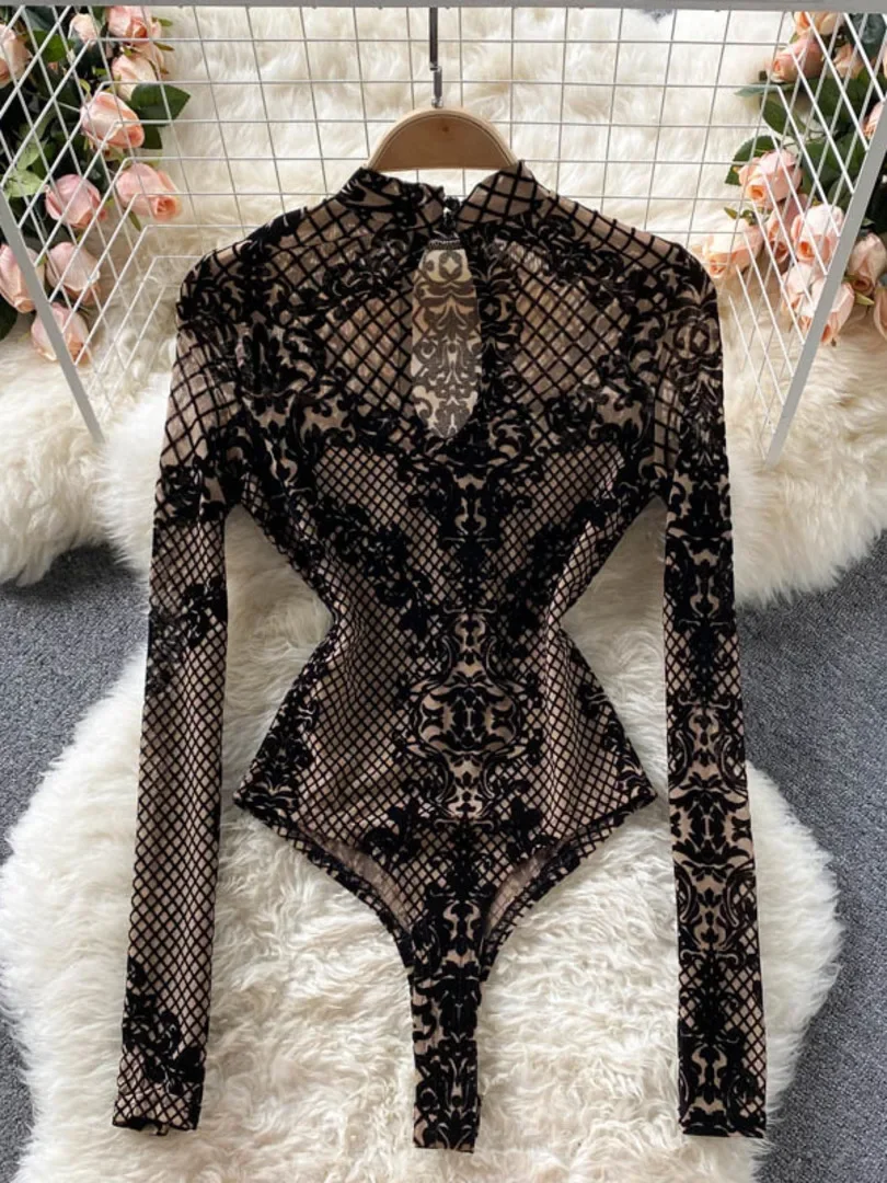 Autumn New Floral Print Bodysuit for Women Fashion Streetwear Elegant Stand Collar Long Sleeve Tight Fit Mesh Body Top Chic 2025