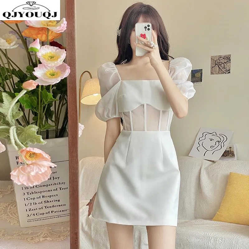 

Spring/Summer Temperament White Dress French Bubble Sleeves Square Neck Fishbone Mesh A-line Dress Celebrity Party Dress