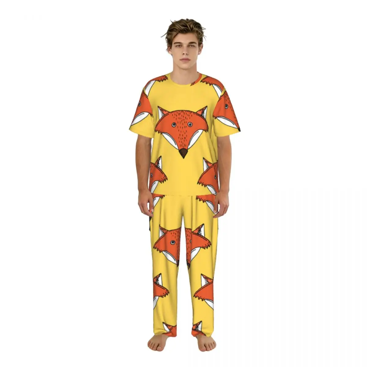 

Men's Pajamas Set Summer Short-Sleeve Tops + Long Pants Nightwear Home Wear Suits Hand Drawn Fox Pattern Sleepwear