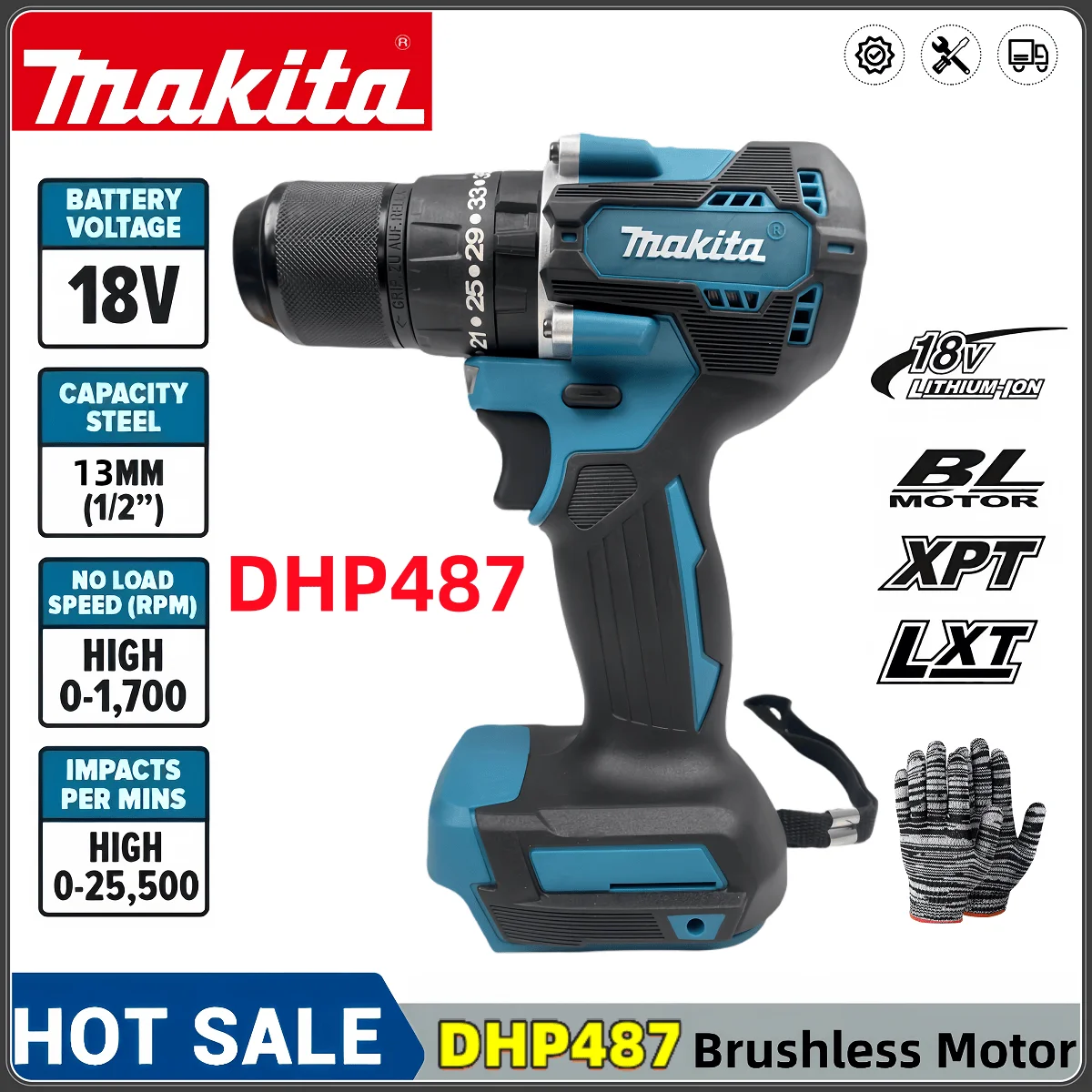 Makita DDF487 브러시리스 전기 드릴 임팩트 드릴, 장식 팀 전동 공구, 13mm 18V 스크루 드라이버, Makita 18V 배터리