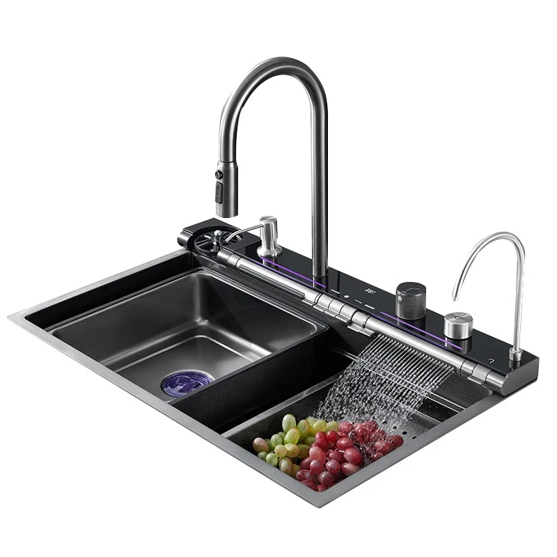 

304, кухонная раковина с водопадом, бытовой электрический цифровой дисплей, вращающийся кухонный смеситель для раковины, костюм