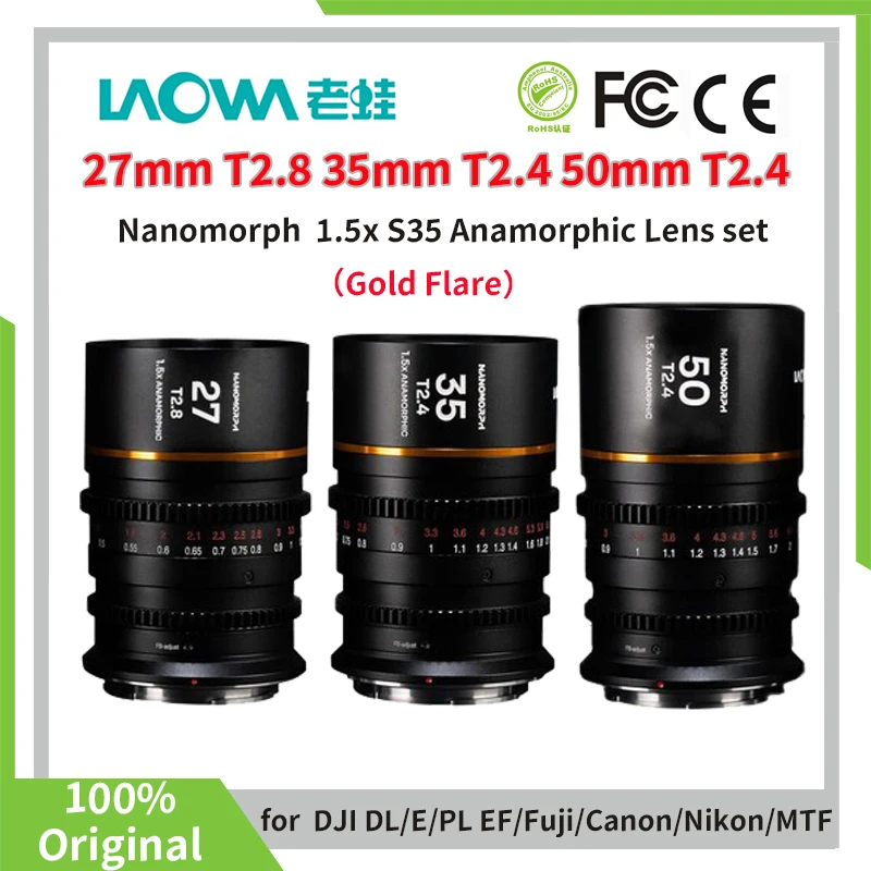 

Venus Optics Laowa Nanomorph 27mm T2.8 35mm 50mm T2.4 1.5x S35 Anamorphic Lens for ARRI PL Canon EF Z E X RF L m43（Gold Flare）