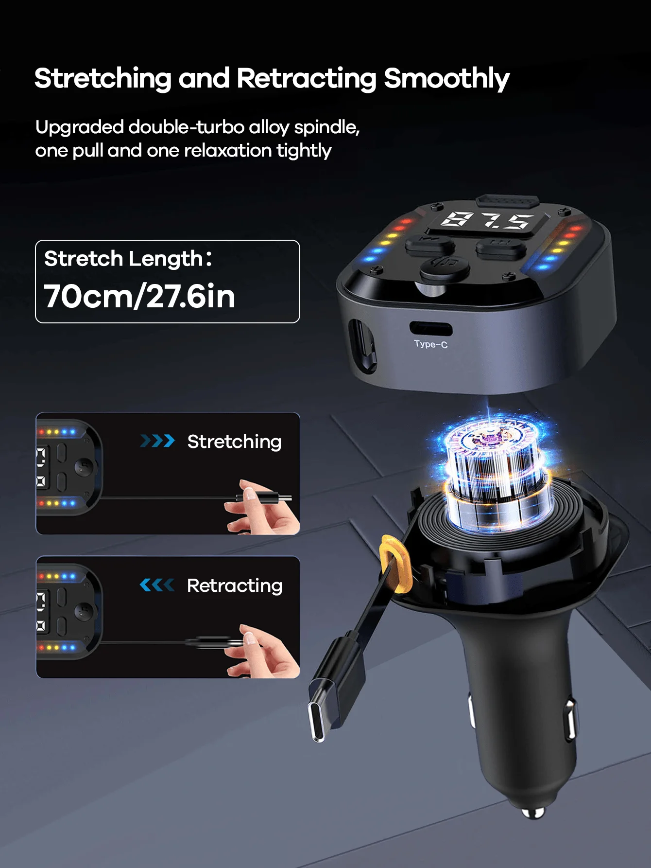 

USB C Bluetooth Car Adapter With Retractable Cord FM Transmitter PD 30W Fast Charger Handsfree Calling LED Display