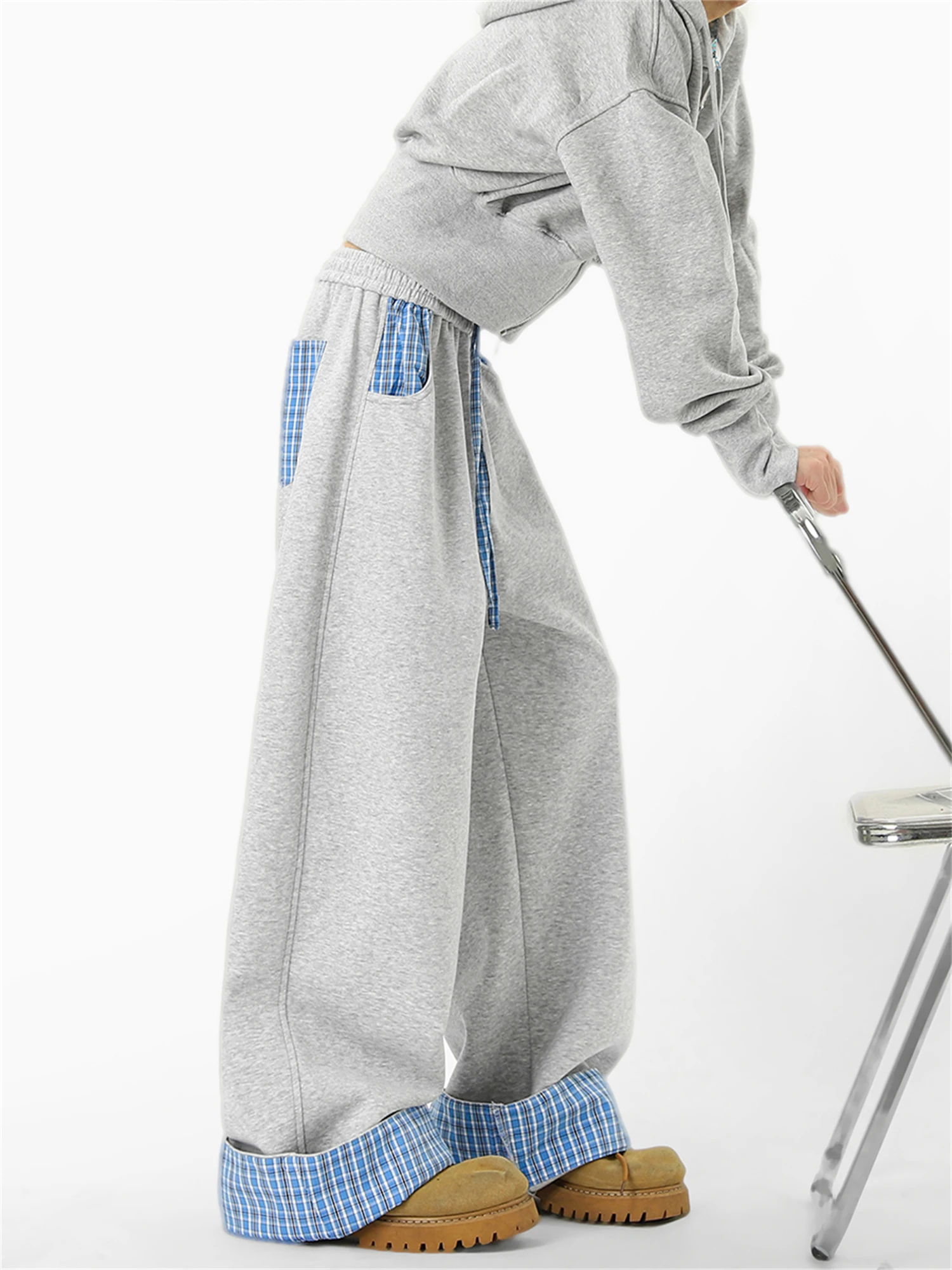 

Women's Y2K Streetwear Oversized Baggy Sweatpants Plaid Patchwork Pocket Wide Leg Trousers Casual Loose Gray Navy Fashion Pants