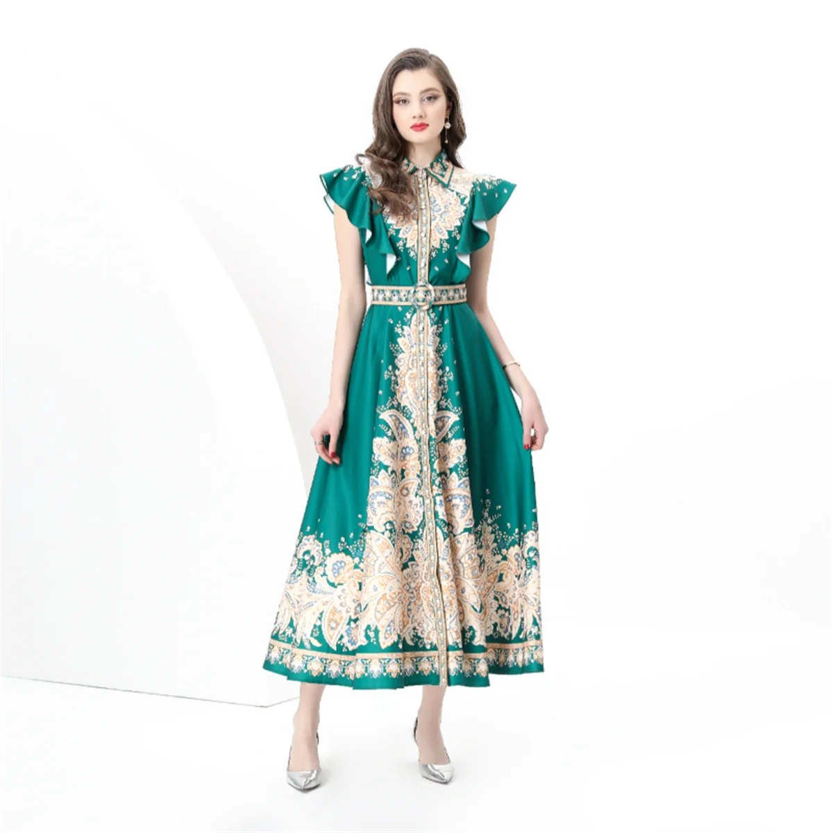 

Vintage Floral Print Long Maxi Dresses Women Robes Femme Resort Style Lapel Flying Sleeve Belt Slim Summer Dress