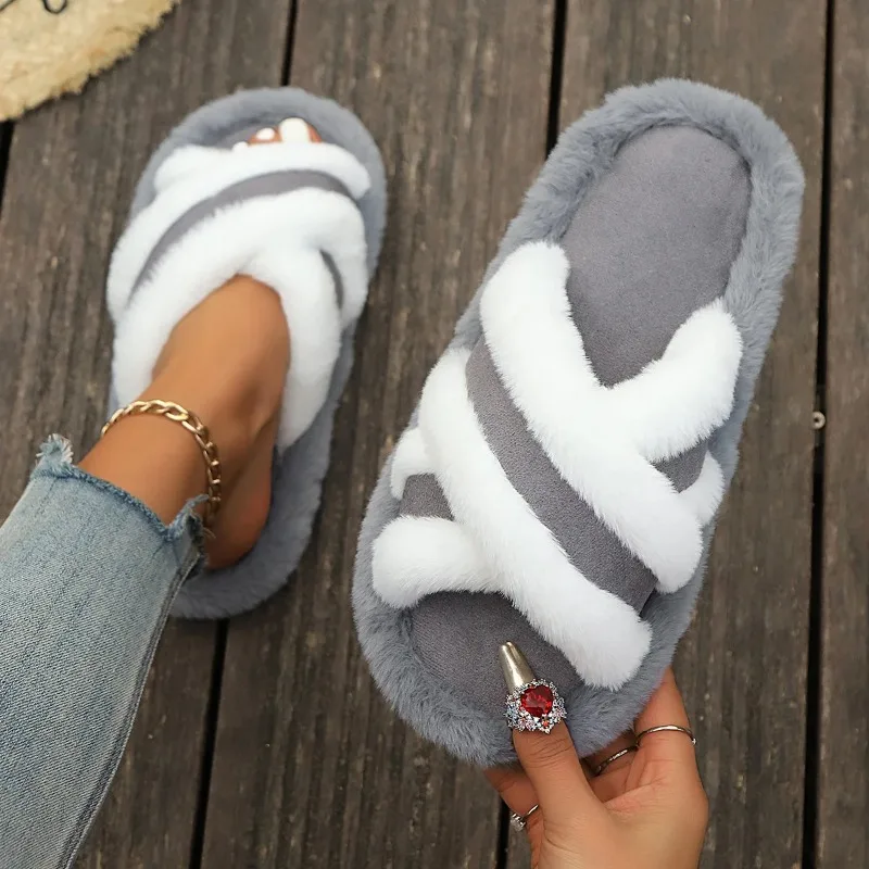 

2025 New Furry Slippers Home Women's Fluffy Slides Autumn Winter Indoor Fashion EVA Light Cross Flip Flops Soft Flat Shoes Woman