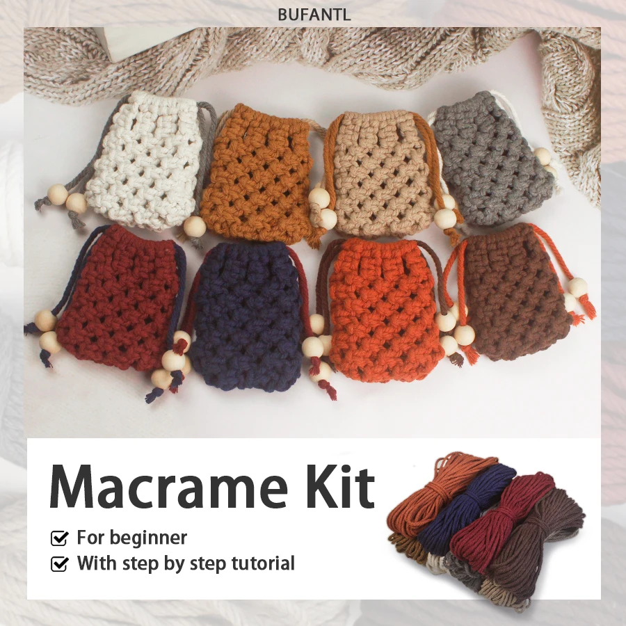 macrame kit with tutorial for beginner, DIY handmade works, woven headphone bag, woven data cable bag