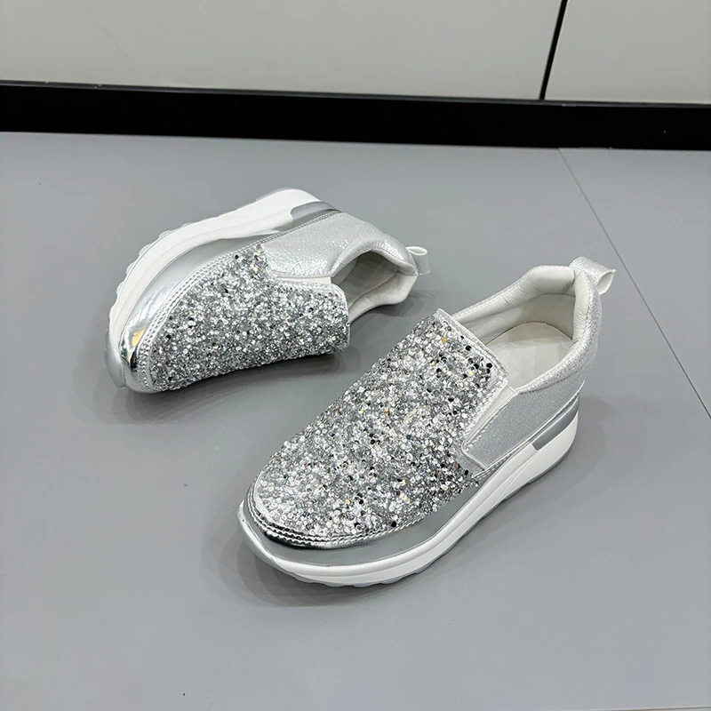 2024 Spring and Autumn Women\'s Loafers Silver Sneakers Rhinestone Platform Shoes Inner Heightening Sneakers Zapatos De Mujer