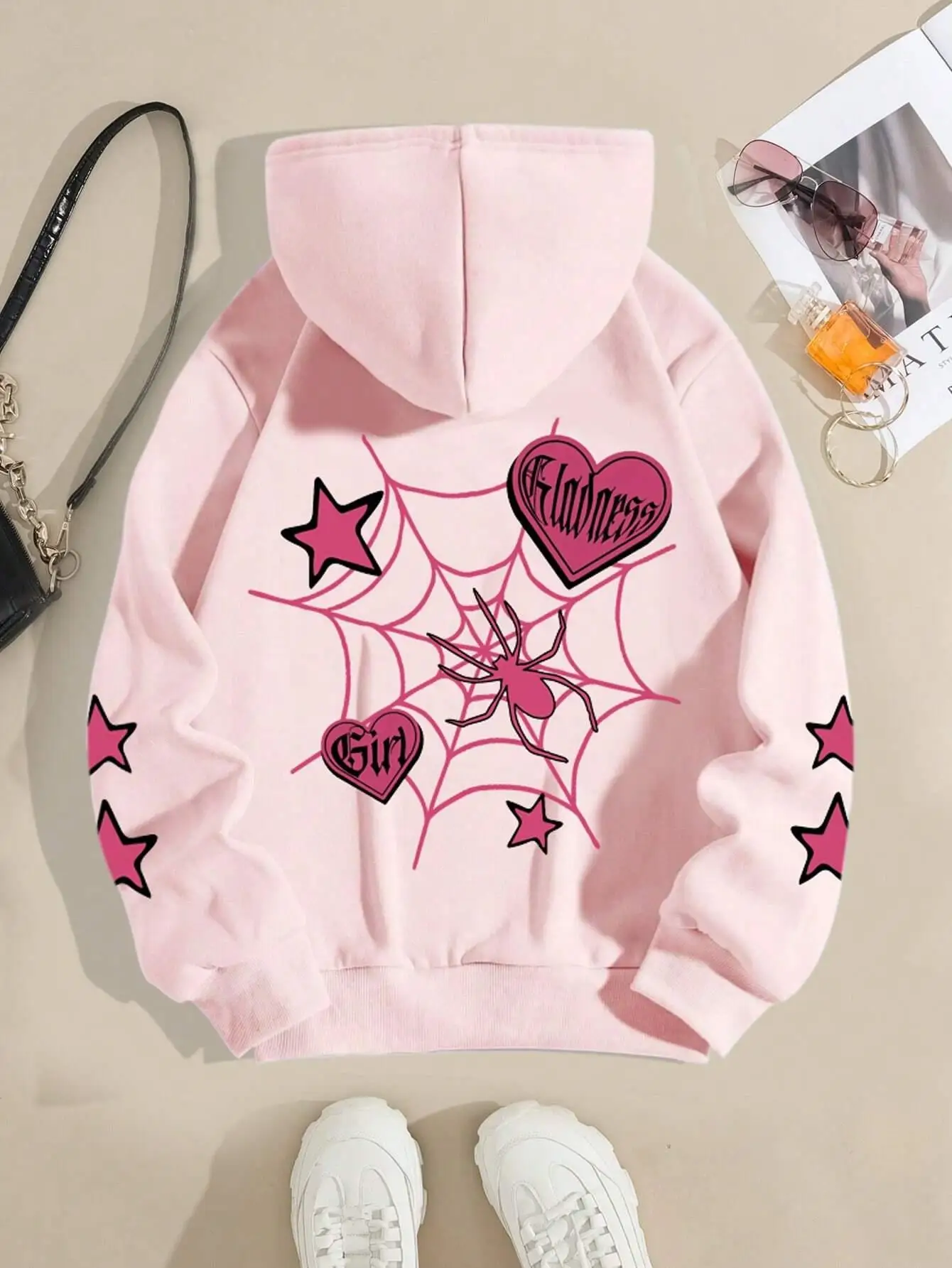 Fashion Men Women Spider Pattern Hoodie Casual Loose Long‑Sleeve Pullover Sweatshirt Hood With Graphic Print Daily Street Outfit