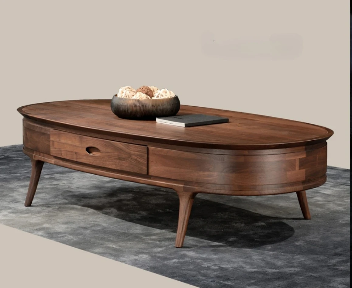 

B North America Black Walnut Wooden Tea Table Nordic Light Luxury Coffee Table Simple Living Room Oval Coffee Table