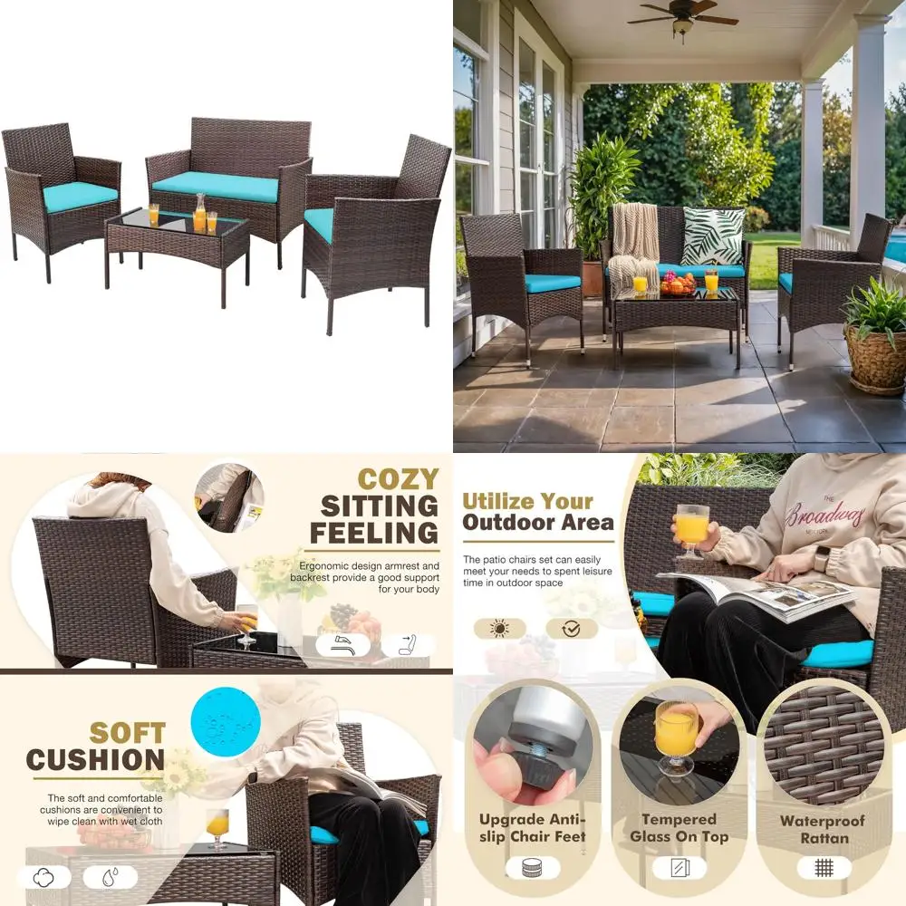 

4-Piece Patio Rattan Chair Set, Wicker Outdoor Indoor Furniture for Backyard, Porch, Garden, Poolside, and Balcony (Blue)