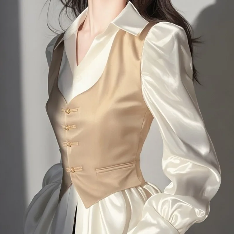 

New Chinese Style Chinese Style Inner Layering Shirt for Women 2025 Autumn High-end Waist Khaki Fake Two-piece Shirt