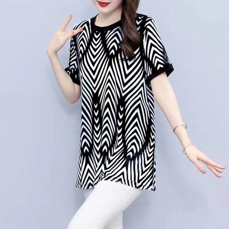 Summer New Round Neck Fashion Short Sleeve T-shirt Women Korean Style Mid-length Pullovers Casual Loose Striped All-match Tops