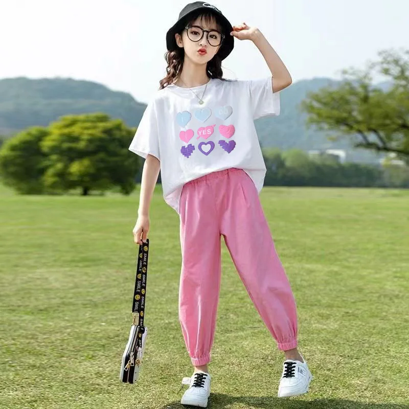 2024 summer girls Clothes Child set Sports Suit Teen tracksuit loose heart t shirt + Ankle-tied striped pants 10 11 12 14 years