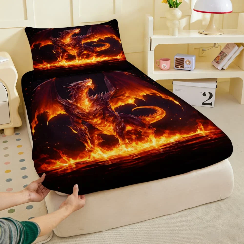 1pc Fiery Flame Dragon Print Fitted Sheet Deep Pocket Elastic Mattress Cover Single Double Queen King Bedroom Decor