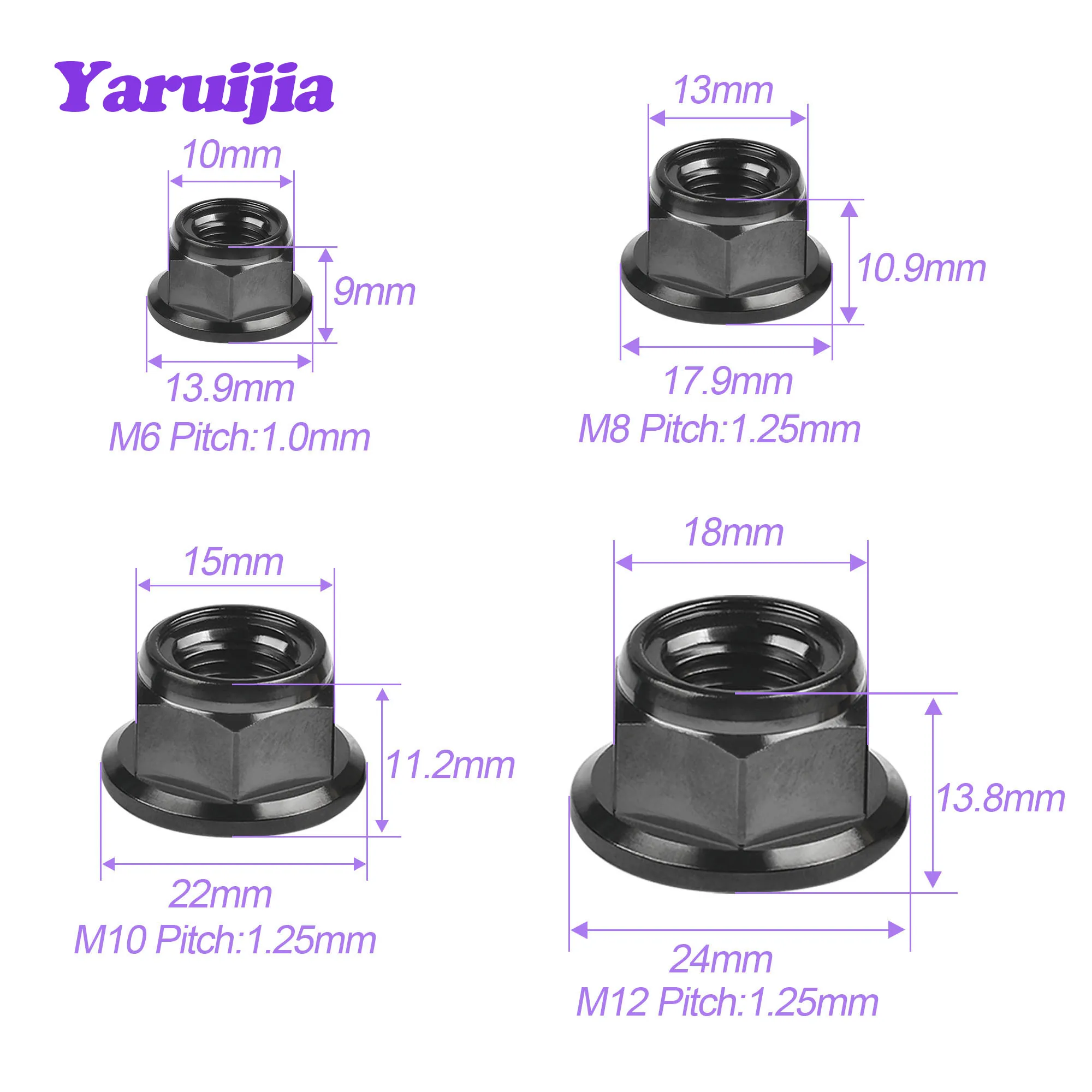 Yaruijia Titanium Ti Nut M6 M8 M10 M12 Pitch 1.0/1.25 Flange Lock Nuts for Cycling Modification 6pcs