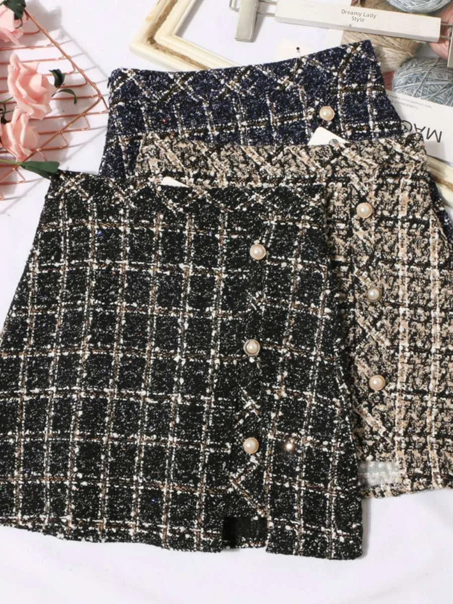 

Ретро-твидовая юбка с завышенной талией, утягивающая, с асимметричным разрезом, облегающая, на одной пуговице, А-силуэт, для осени и зимы