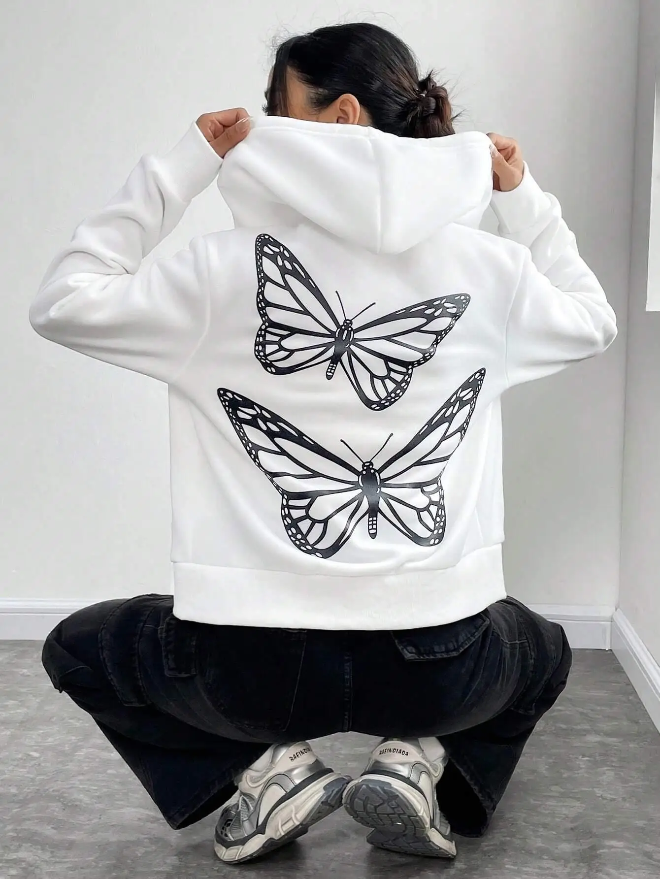 Couples, Butterflies Fly Print Hoodie Women Fashion Warm Loose Hoody Autumn Casual Sweatshirt Fleece Oversize Streetwear Female