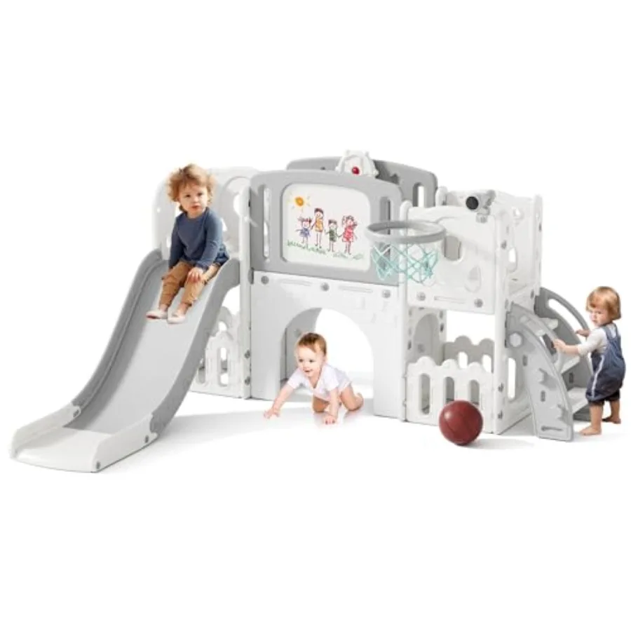 

Toddler Slide 9 in 1 Outdoor Playset Indoor Playground Slides for Toddlers 1-3 Baby Toys with Climber Basketball Hoop Drawing B