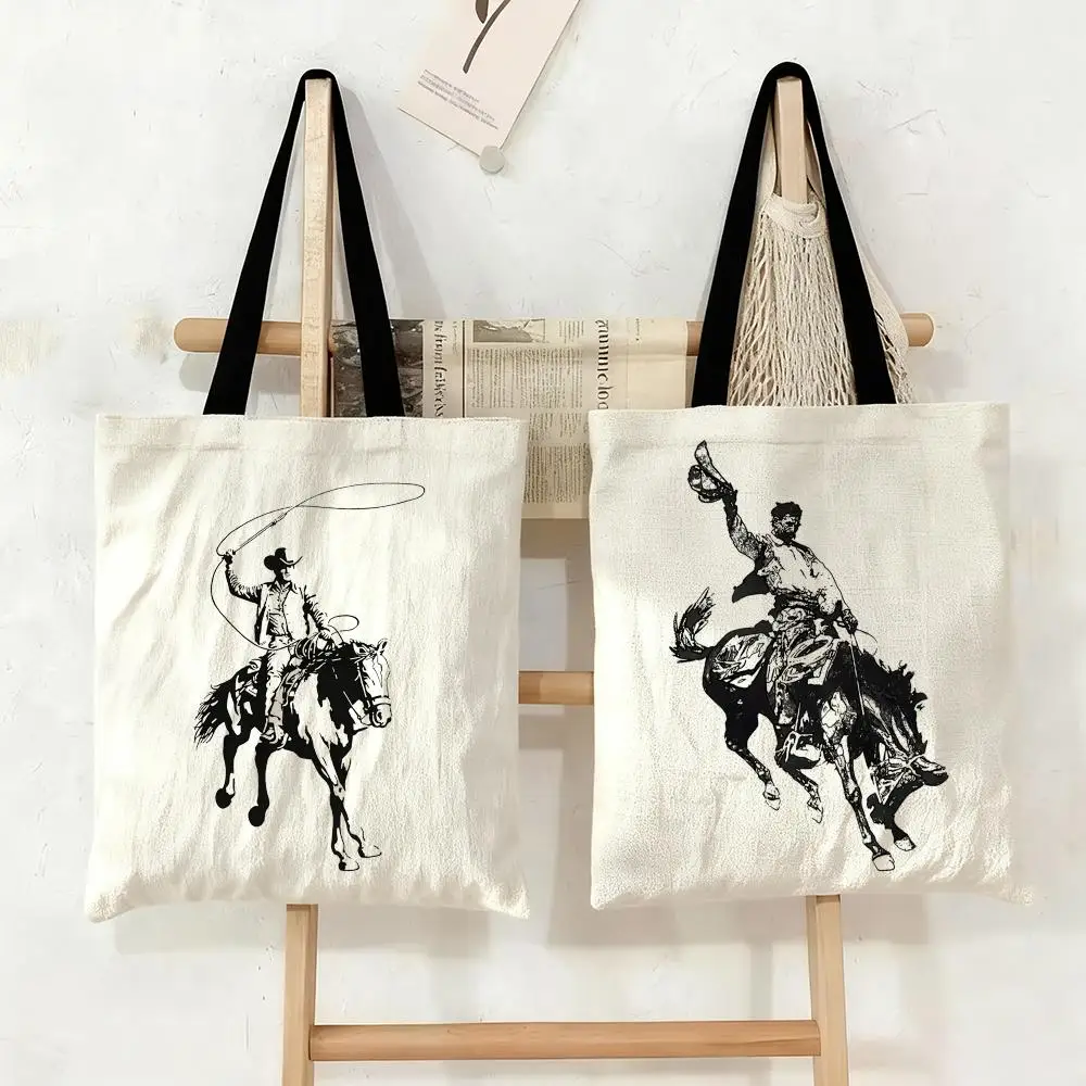 Western Cowboy Graphic Storage Bags Storage Bags Canvas Tote Bag Large Capacity Shoulder Fashion Eco Shopping Handbag