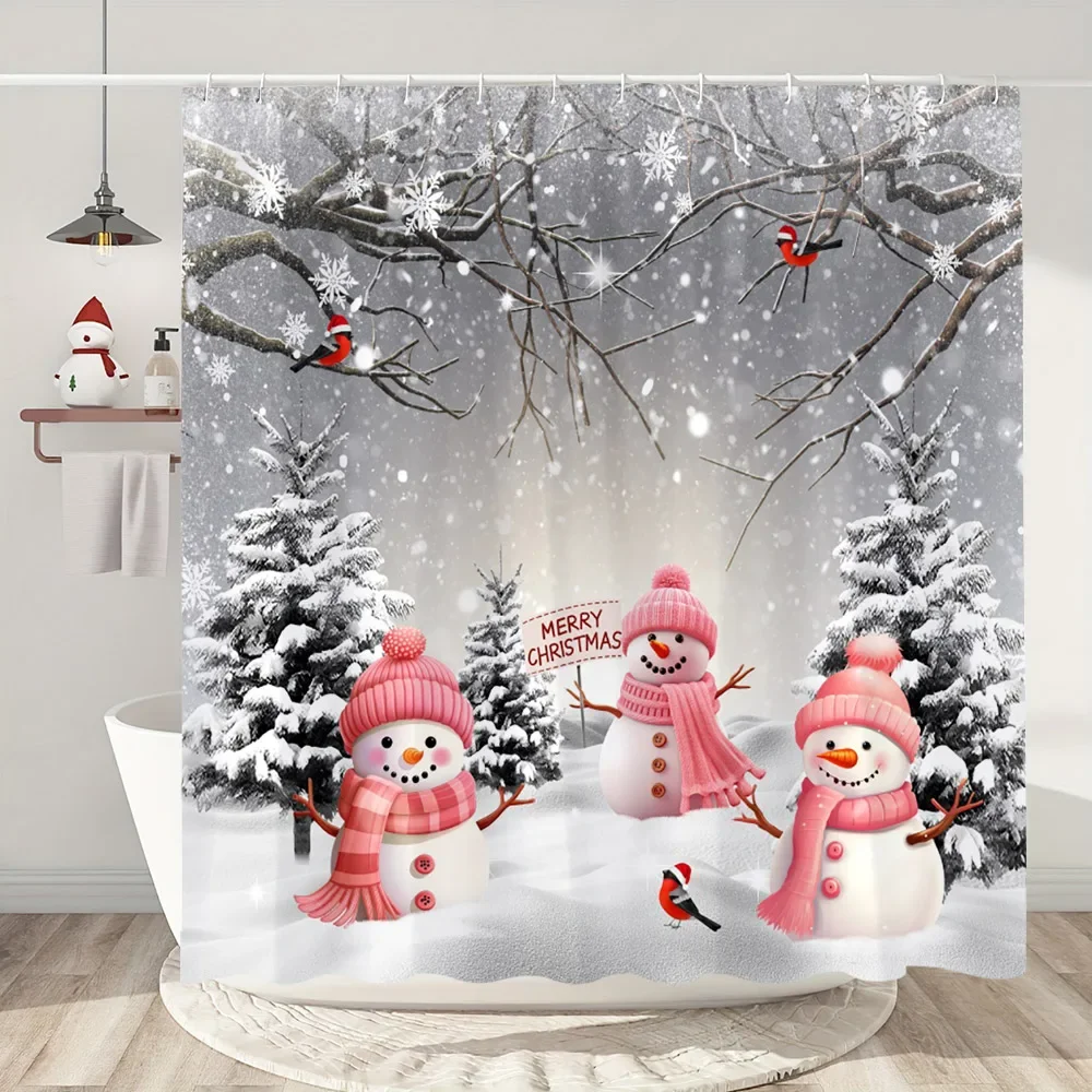 

Winter Christmas Snowman Shower Curtain Santa Claus Pink Christmas Gift Polyester Fabric Bath Curtains Bathroom Decor With Hooks