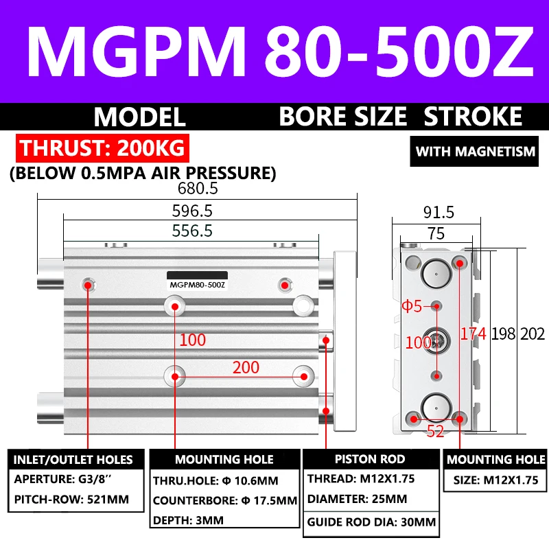 ABILKEEN MGPM Pneumatic Compact Guide Cylinder MGPM80-500 80MM Bore X 500MM Stroke Three Axis Three Rod Air Cylinder