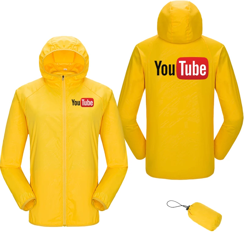 Chaqueta de protección solar impermeable para hombre y mujer, cortavientos con capucha y cremallera, ultraligera, ideal para ciclismo en la playa, Youtube