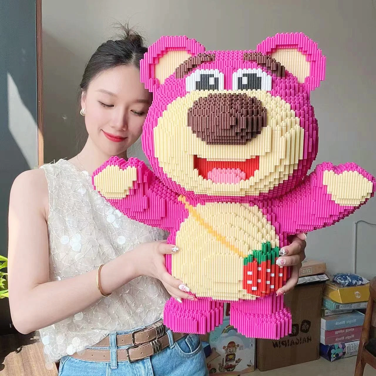 Disney-Extra Large Lotso Block Toy for Adults and Children, Cute Pet Bear, Love, Strawberry, DIY Gift, 45cm