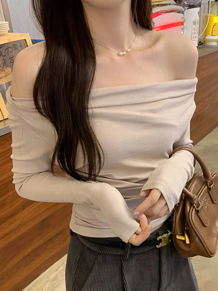 

Autumn New Fashion Solid Color Women T-Shirt Simple Basic Street Slim T-Shirt One Shoulder Korean White Coffee Long-Sleeve Top