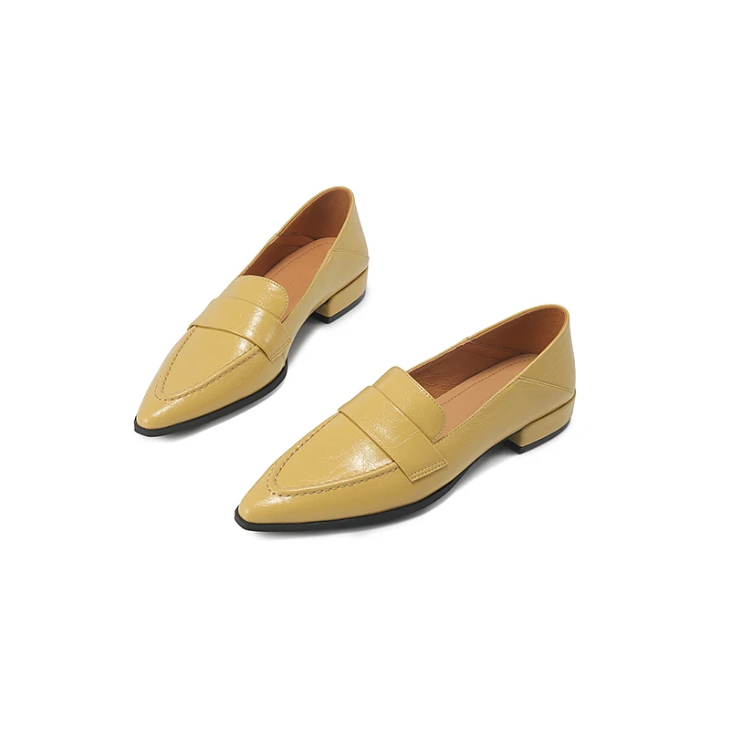 

Split Lambskin Loafers 2.5cm Chunky Heel Pointed Toe Slip on Black Light Yellow Korean Style Women Casual Shoes