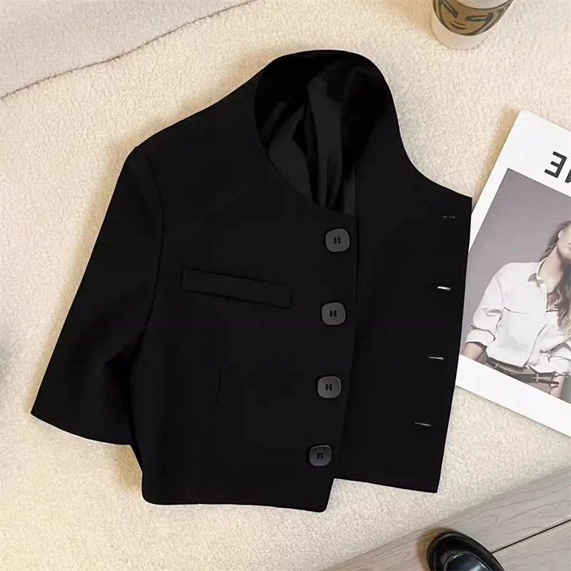 เสื้อแจ็คเก็ตผู้หญิงสีดำแบบสั้น เสื้อคลุมสูทผู้หญิงคุณภาพสูง สไตล์ลำลอง เสื้อคลุมคาร์ดิแกนทรงหลวม เสื้อแจ็คเก็ตบางสไตล์สตรีท