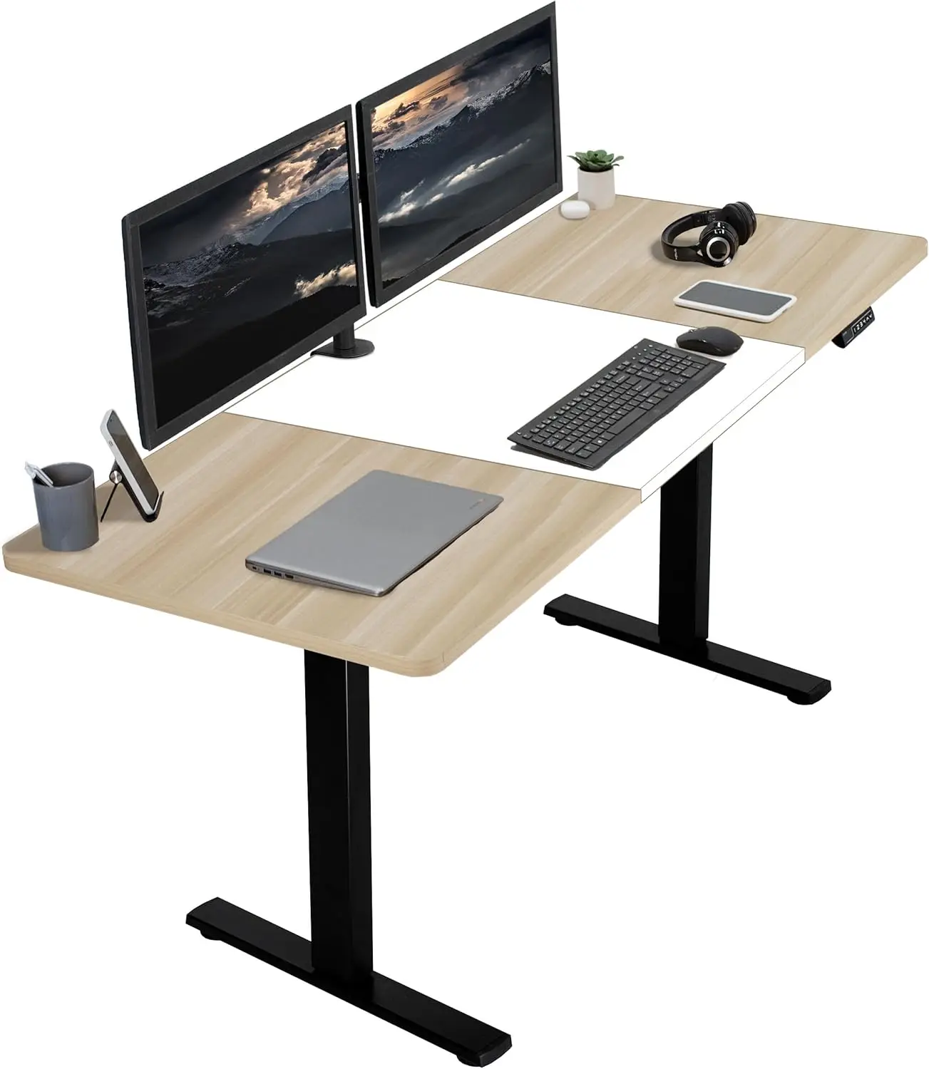 

Electric 71 x 30 inch Standing Desk Workstation, Memory Controller Height Adjustment, White and Light Wood Top, Black Frame