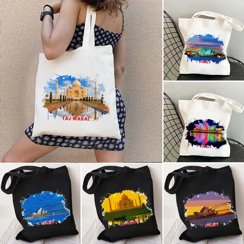 

Sydney Australia Taj Mahal India City Sights Watercolor Ink Painting Shoulder Canvas Cotton Totes Bags Harajuku Shopper Handbags