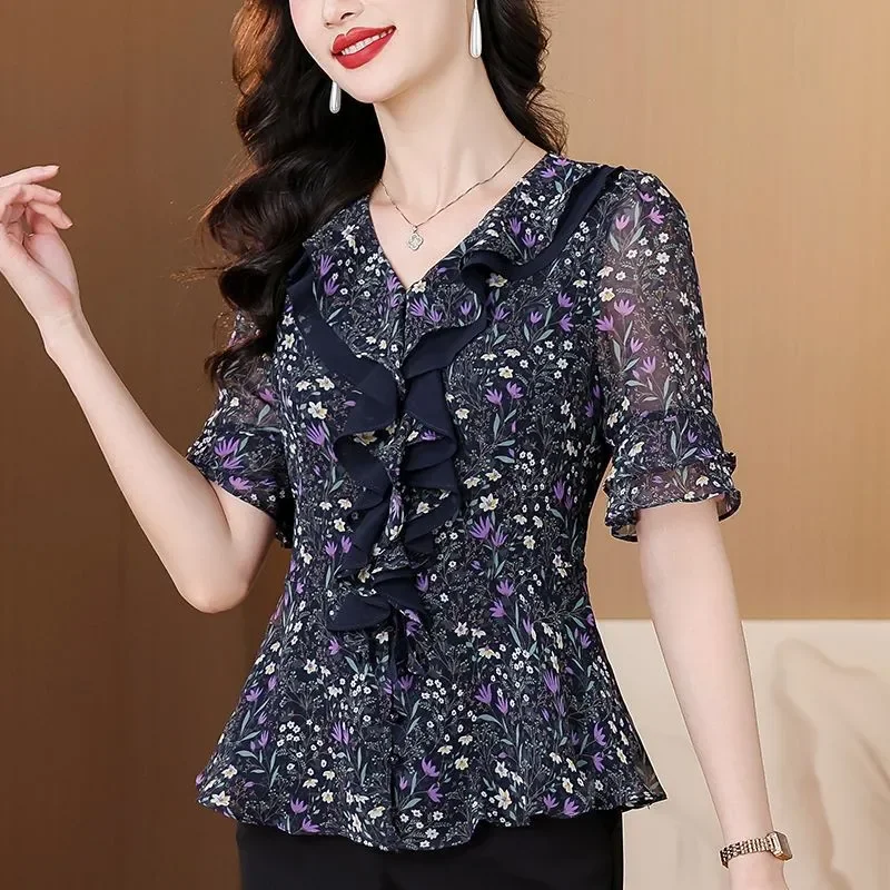 Women's Vintage Print V-Neck Ruffle Floral Chiffon Blouse Summer New Short Sleeve Elegant Waist Tie Office Shirt