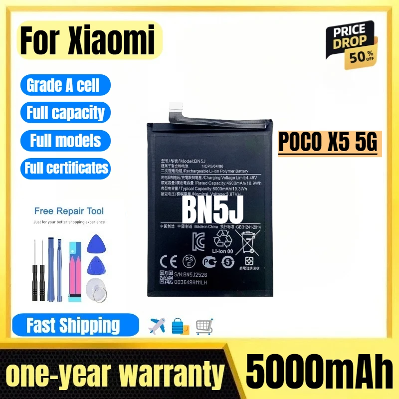 

BN5J for Xiaomi POCO X5 5G Mobile Phone Battery High Quality High Capacity Battery Replacement Bateria Grade A Cell with Tools