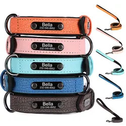 Customized Leather Dog Collar with Leash Adjustable Soft Padded Engrave ID Nameplate Dogs Collars Leash for Small Large Dog Favo