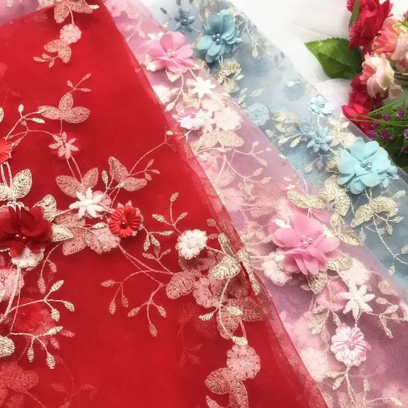 7 colores 3D flores de gasa bordado dorado tela de encaje flor con cuentas perlas tela de tul para vestido de novia velo de novia