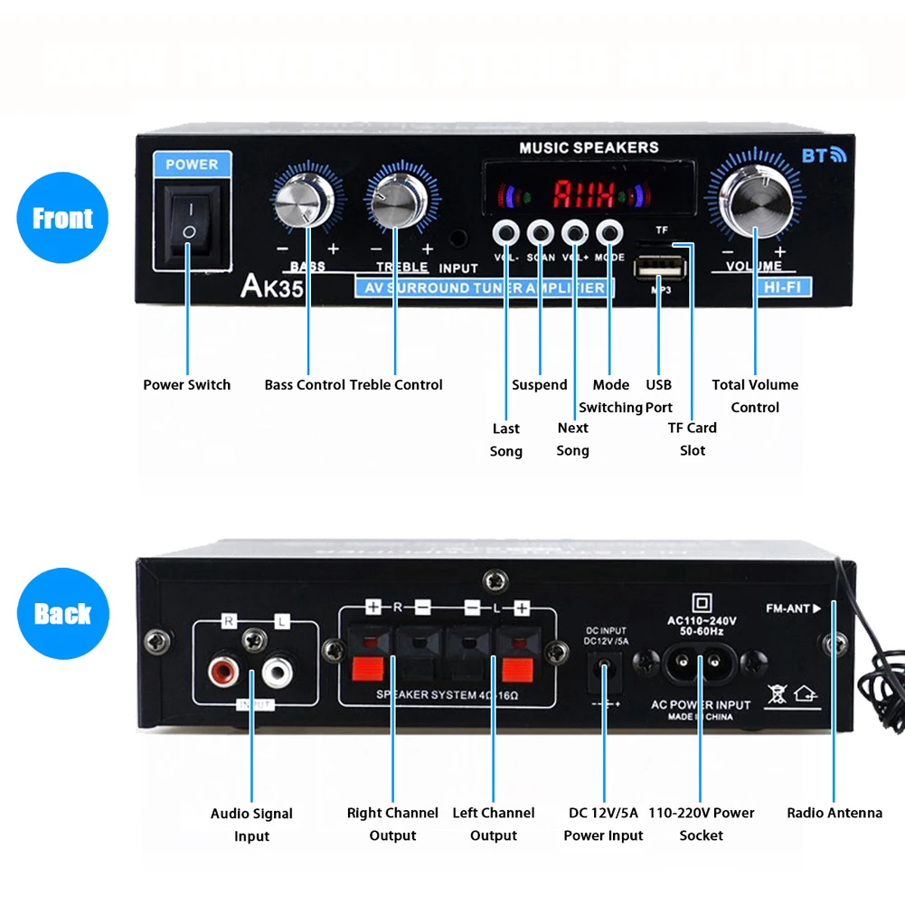 HiFi Digital AK35 Bluetooth Amplifiers MP3 Channel 2.0 Sound AMP Support 110V-240V for Home Car FM USB Remote Control