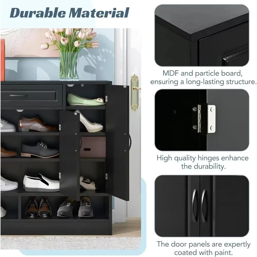 Shoe Cabinet for Entryway Ample Storage Space Shoe Organizer with Drawer Doors Open Shelf for Heels Slippers Black