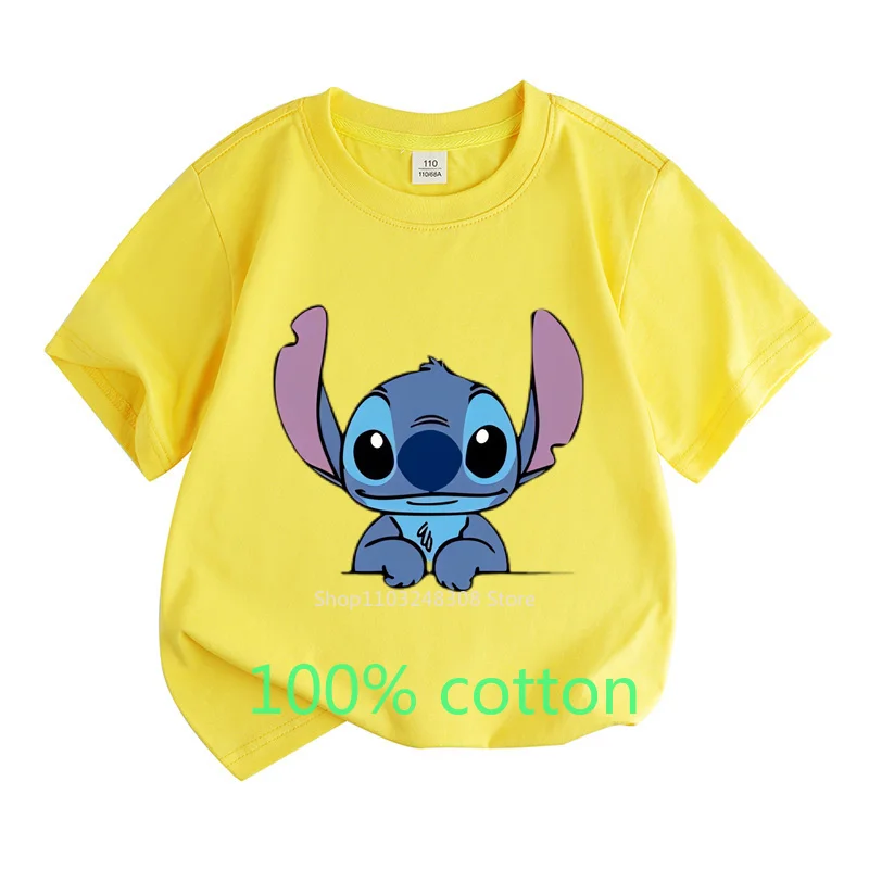 Summer Children 100% Cotton Round Neck Short-sleeved T-shirt Cute Stitch Cartoon Boys Girls Toddler Fashion Clothing Tops Kids