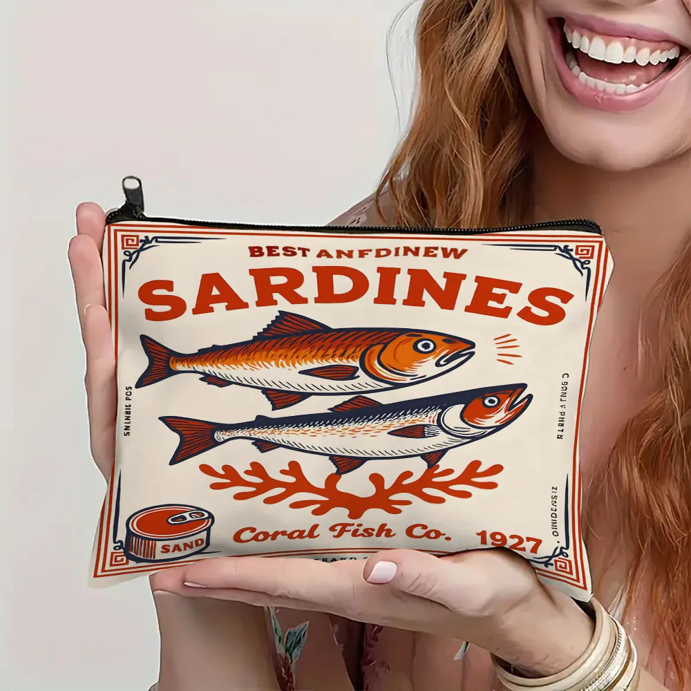 Sardines Tin Mini Cosmetic Bag, Tinned Fish Accessory Clutch, Trendy Sardines Mini Bag, Sardines Zipper Pouch, Retro Pencil Case