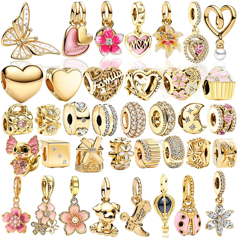New Hot Sale Sparking Gold Heart Flower Clip Charm Beads Pendant Fit Original Bracelet Necklace Beads For Diy Jewelry Women Gift