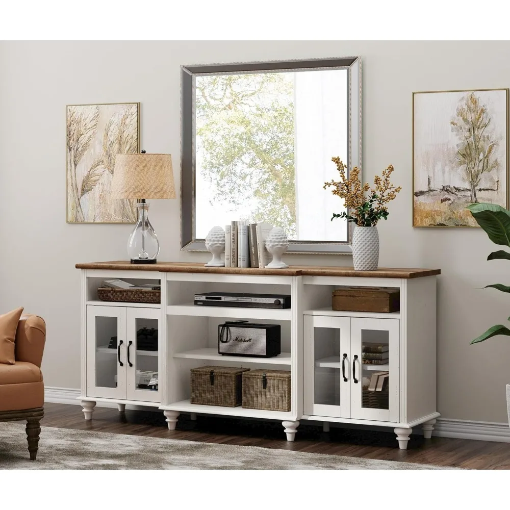 

Farmhouse TV Stand for TVs Up to 75 inch, 4-Door Glass and Wood Universal TV Console with 9 Storage Cabinets, White Enter
